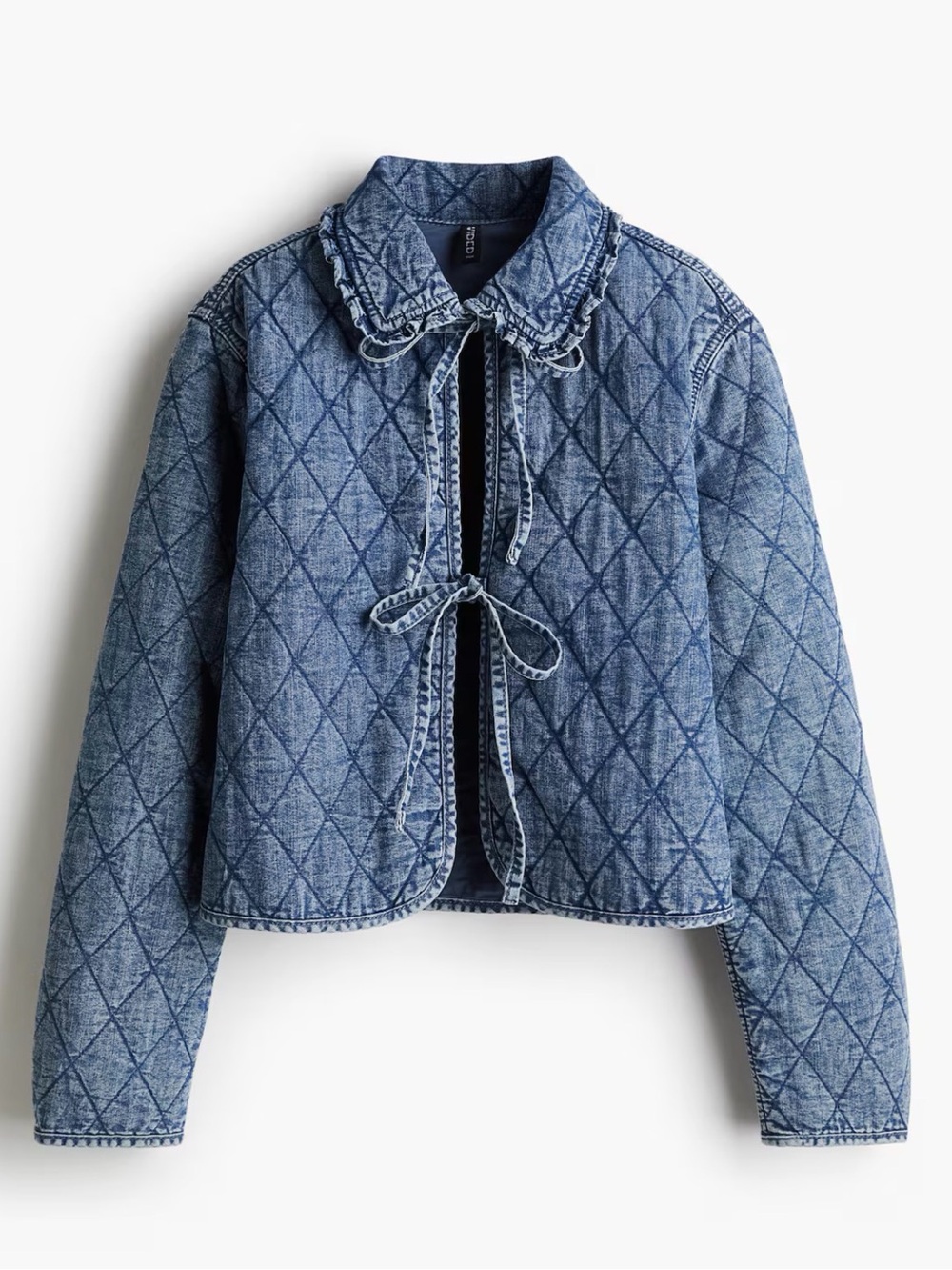 H&M Quilted Denim Jacket in Light Blue with Ruffle Collar